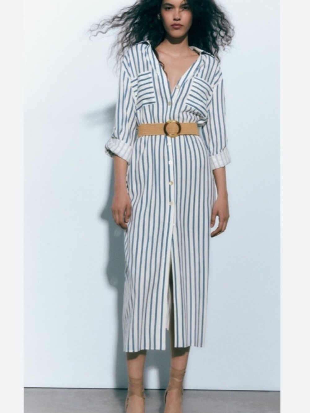 Zara Linen Blend Striped Shirt Dress Blue & White Size Medium